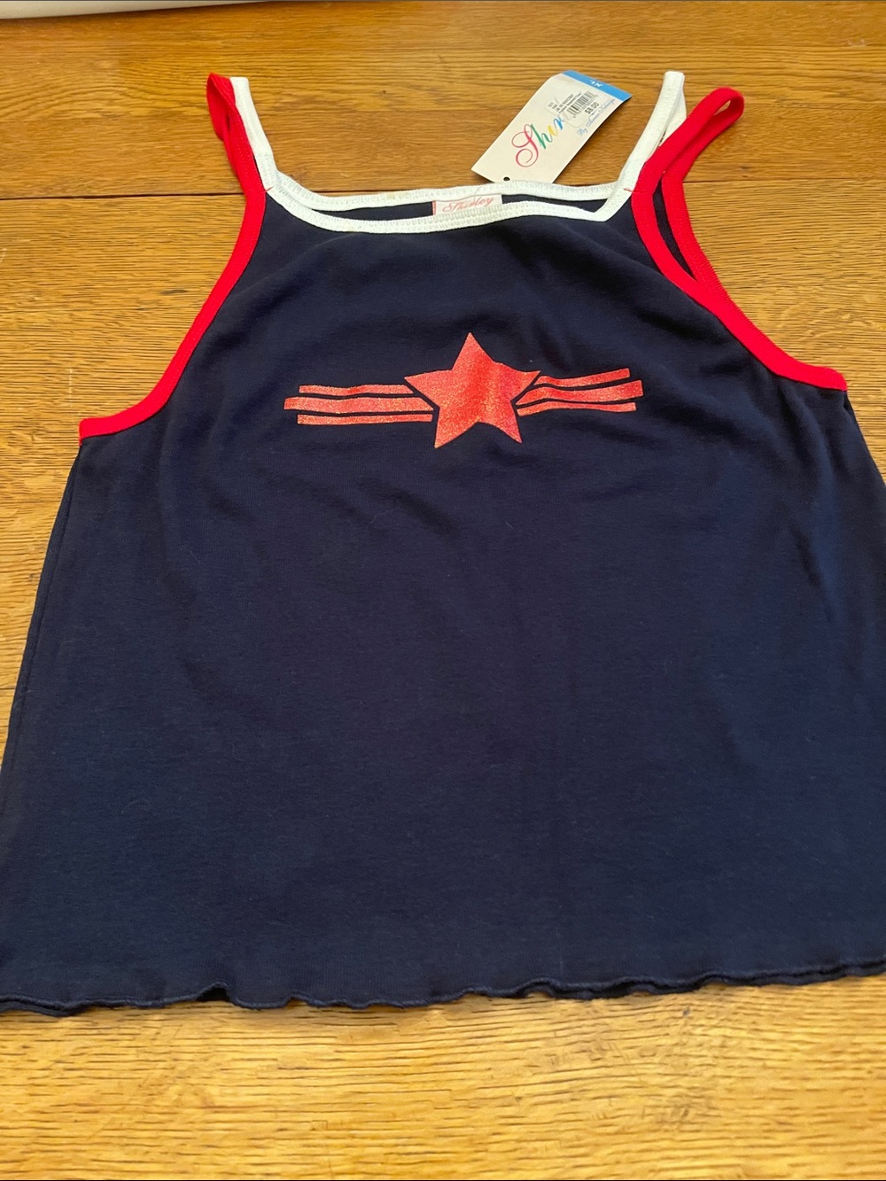 Girls Navy Star Graphic Tank with Red Trim by
